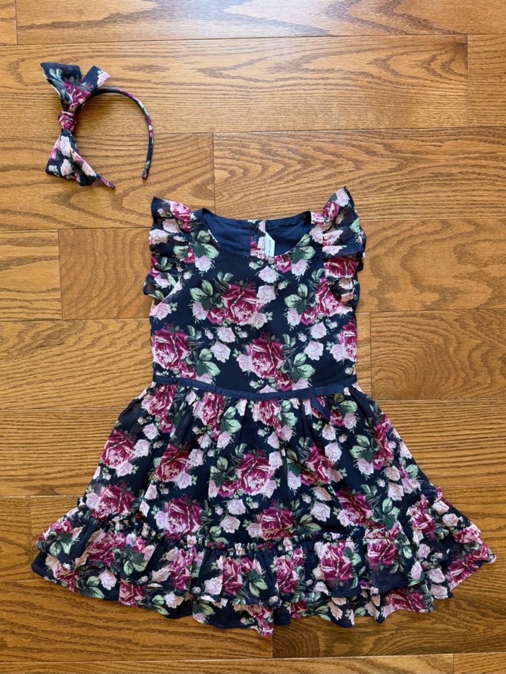 Janie and Jack Navy Floral Ruffle Dress with Matching Headband